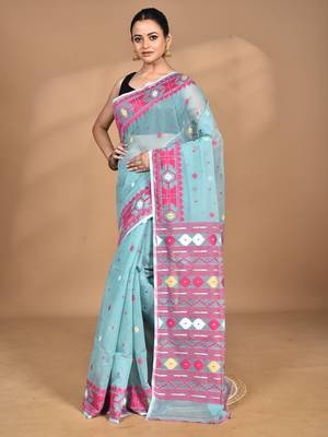 blue Cotton Dhakai Jamdani Handloom Saree With Blouse 1