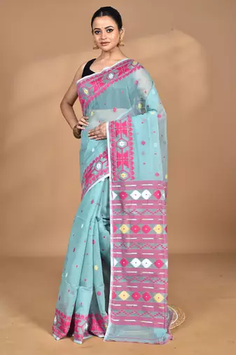 blue Cotton Dhakai Jamdani Handloom Saree With Blouse