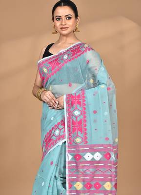 blue Cotton Dhakai Jamdani Handloom Saree With Blouse 2