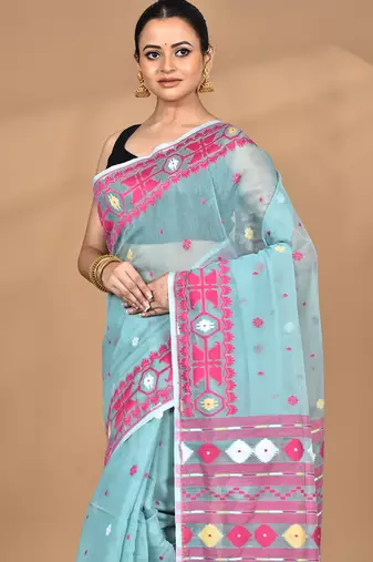 blue Cotton Dhakai Jamdani Handloom Saree With Blouse