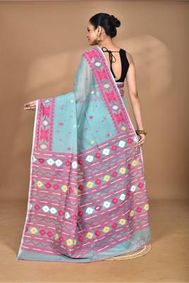 blue Cotton Dhakai Jamdani Handloom Saree With Blouse 3