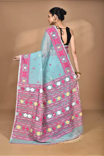 blue Cotton Dhakai Jamdani Handloom Saree With Blouse