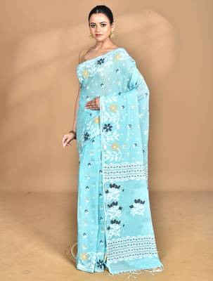 blue Cotton Dhakai Jamdani Handloom Saree With Blouse 1