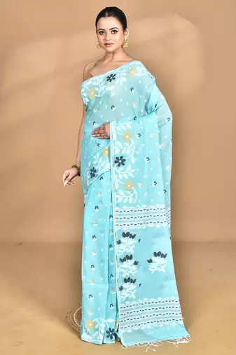 blue Cotton Dhakai Jamdani Handloom Saree With Blouse