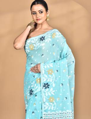 blue Cotton Dhakai Jamdani Handloom Saree With Blouse 2