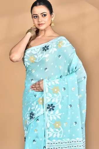 blue Cotton Dhakai Jamdani Handloom Saree With Blouse