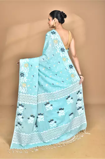 blue Cotton Dhakai Jamdani Handloom Saree With Blouse