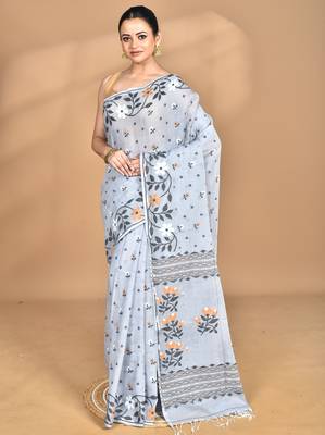 grey Cotton Dhakai Jamdani Handloom Saree With Blouse 1