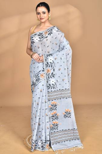 grey Cotton Dhakai Jamdani Handloom Saree With Blouse