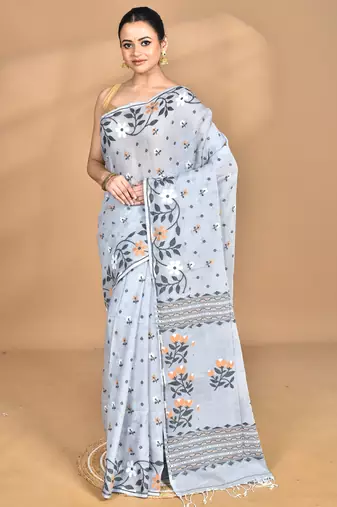 grey Cotton Dhakai Jamdani Handloom Saree With Blouse