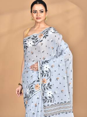 grey Cotton Dhakai Jamdani Handloom Saree With Blouse 2