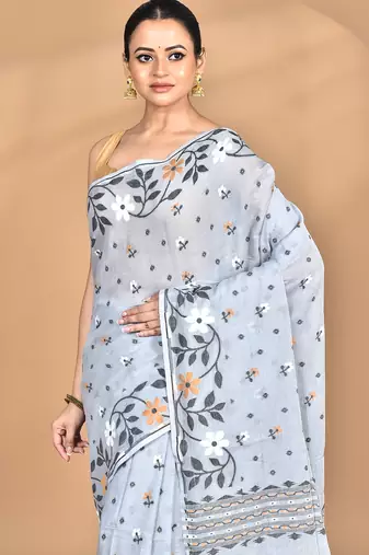 grey Cotton Dhakai Jamdani Handloom Saree With Blouse