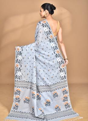 grey Cotton Dhakai Jamdani Handloom Saree With Blouse 3