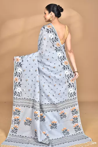 grey Cotton Dhakai Jamdani Handloom Saree With Blouse