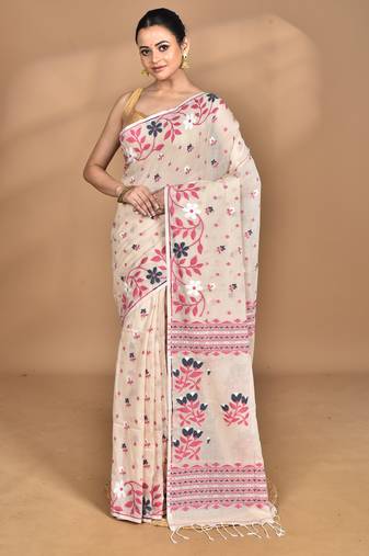 beige Cotton Dhakai Jamdani Handloom Saree With Blouse