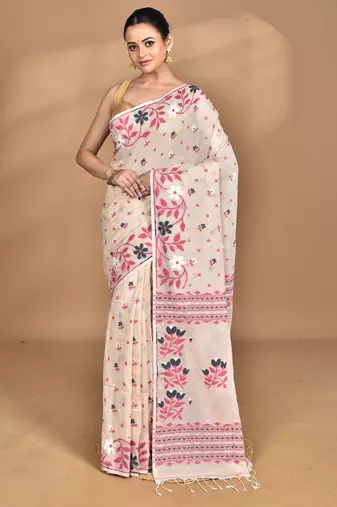 beige Cotton Dhakai Jamdani Handloom Saree With Blouse