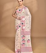beige Cotton Dhakai Jamdani Handloom Saree With Blouse