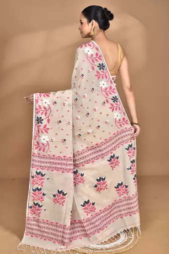 beige Cotton Dhakai Jamdani Handloom Saree With Blouse