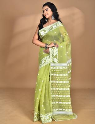green Cotton Dhakai Jamdani Handloom Saree With Blouse 1