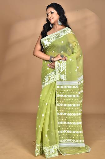 green Cotton Dhakai Jamdani Handloom Saree With Blouse