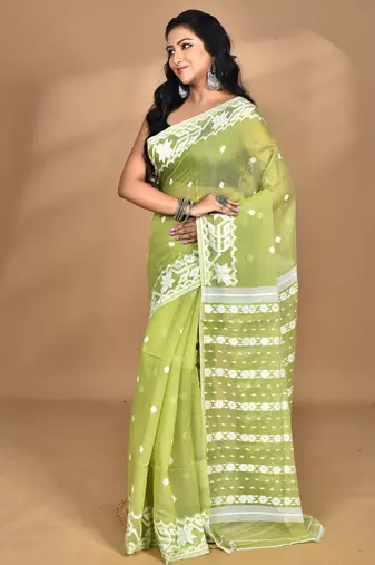 green Cotton Dhakai Jamdani Handloom Saree With Blouse