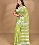 green Cotton Dhakai Jamdani Handloom Saree With Blouse