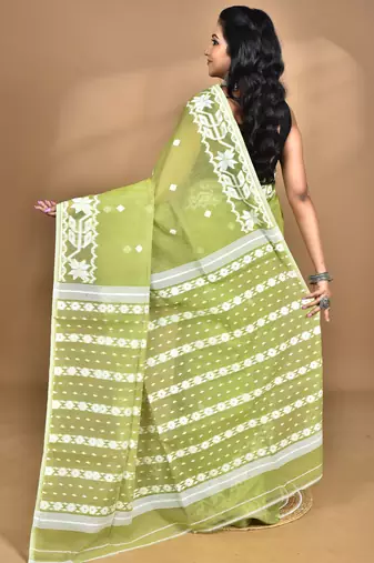 green Cotton Dhakai Jamdani Handloom Saree With Blouse