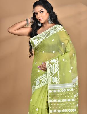 green Cotton Dhakai Jamdani Handloom Saree With Blouse 4