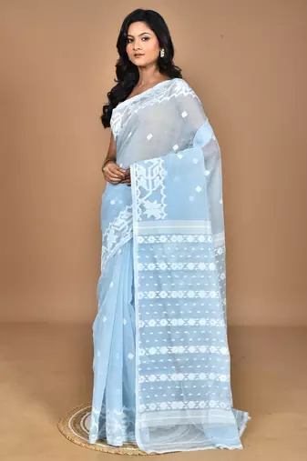 blue Cotton Dhakai Jamdani Handloom Saree With Blouse