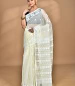 Cream Cotton Dhakai Jamdani Handloom Saree With Blouse