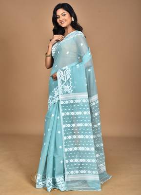 turquoise Cotton Dhakai Jamdani Handloom Saree With Blouse 1