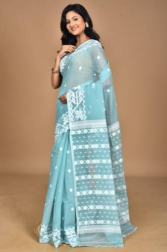 turquoise Cotton Dhakai Jamdani Handloom Saree With Blouse