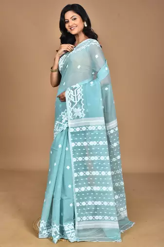 turquoise Cotton Dhakai Jamdani Handloom Saree With Blouse