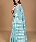 turquoise Cotton Dhakai Jamdani Handloom Saree With Blouse