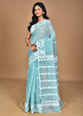 turquoise Cotton Dhakai Jamdani Handloom Saree With Blouse 2