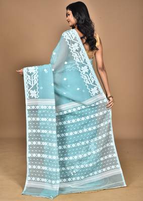turquoise Cotton Dhakai Jamdani Handloom Saree With Blouse 3
