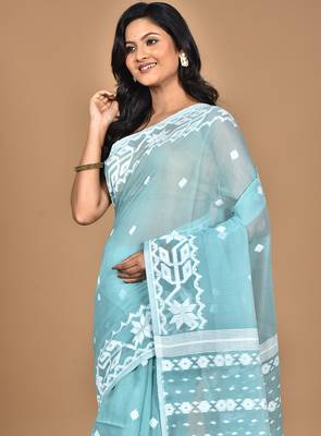 turquoise Cotton Dhakai Jamdani Handloom Saree With Blouse 4