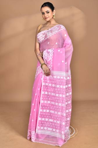 Pink Cotton Dhakai Jamdani Handloom Saree With Blouse