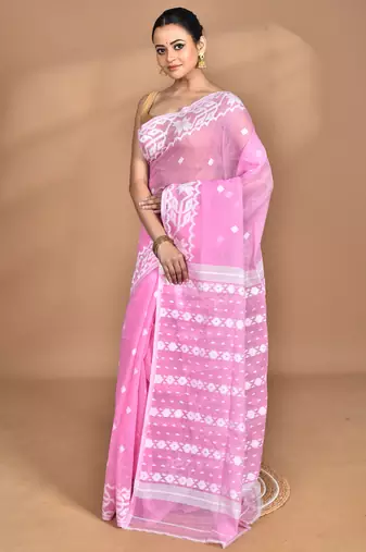 Pink Cotton Dhakai Jamdani Handloom Saree With Blouse