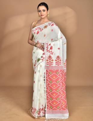 off white Cotton Dhakai Jamdani Handloom Saree With Blouse 1