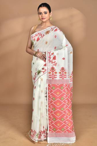 off white Cotton Dhakai Jamdani Handloom Saree With Blouse