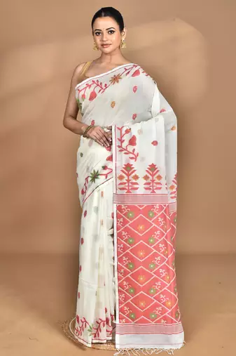 off white Cotton Dhakai Jamdani Handloom Saree With Blouse
