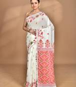 off white Cotton Dhakai Jamdani Handloom Saree With Blouse