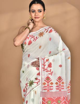 off white Cotton Dhakai Jamdani Handloom Saree With Blouse 2