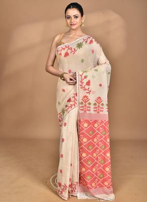 Cream Cotton Dhakai Jamdani Handloom Saree With Blouse 1