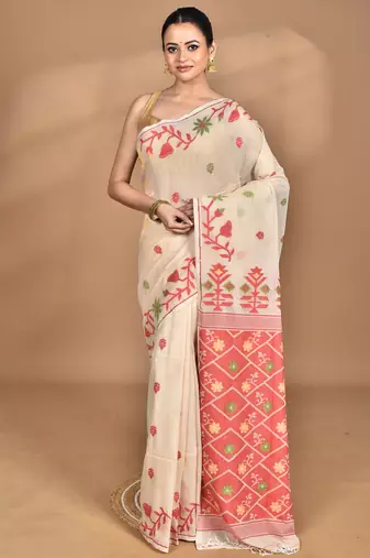 Cream Cotton Dhakai Jamdani Handloom Saree With Blouse