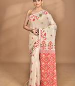 Cream Cotton Dhakai Jamdani Handloom Saree With Blouse