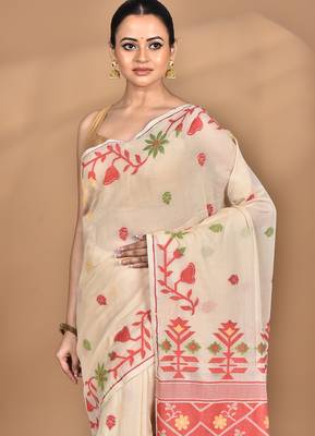 Cream Cotton Dhakai Jamdani Handloom Saree With Blouse 2