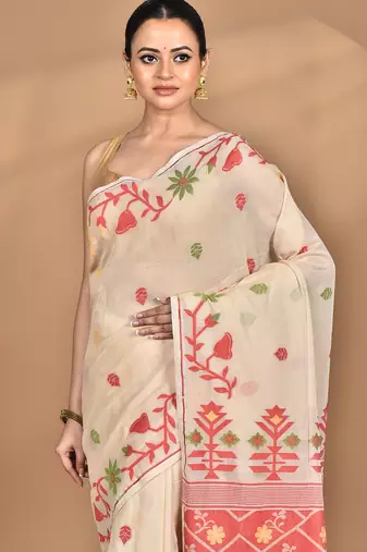 Cream Cotton Dhakai Jamdani Handloom Saree With Blouse