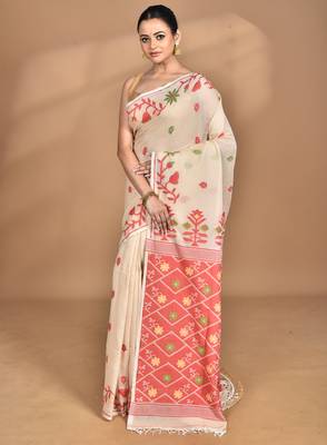 Cream Cotton Dhakai Jamdani Handloom Saree With Blouse 3